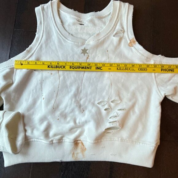 SMFK crewneck sweatshirt size small thrashed trashed cream color destroyed paint - Picture 11 of 12